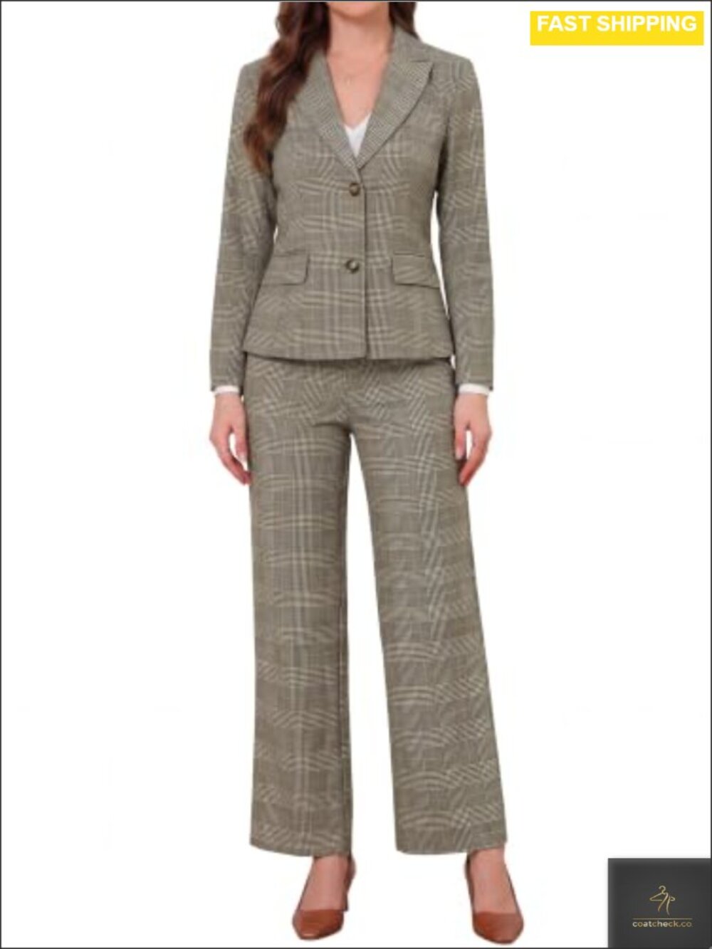 Plaid Houndstooth Pant Suit Set Blazer Straight Leg Pants Business